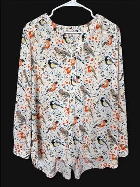 John‎ Mark Colorful Bird Print Long Sleeve Blouse Medium Relaxed Flowy Nature